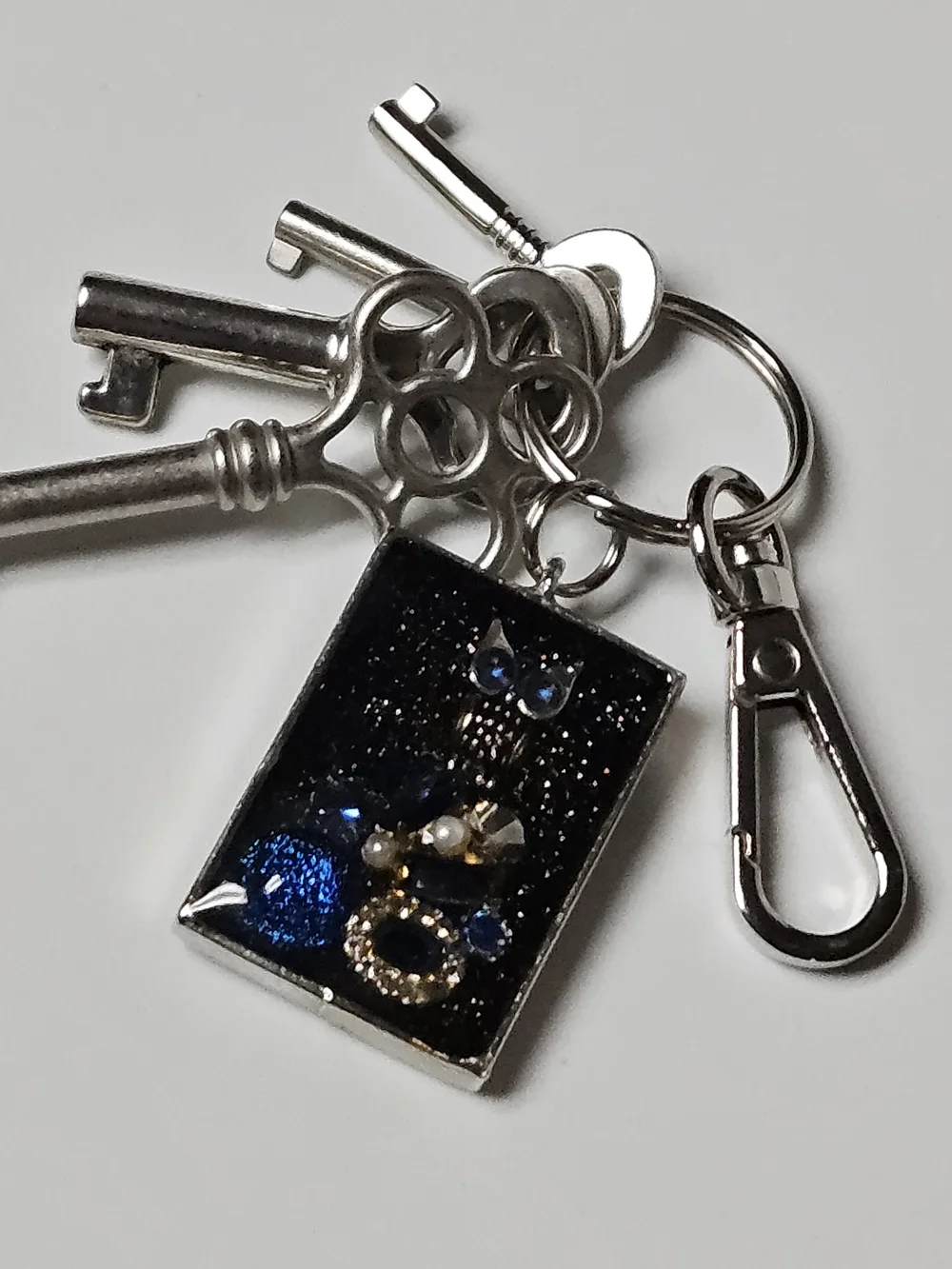 Silver Keychain Bag Charm with Blue Owl Accent